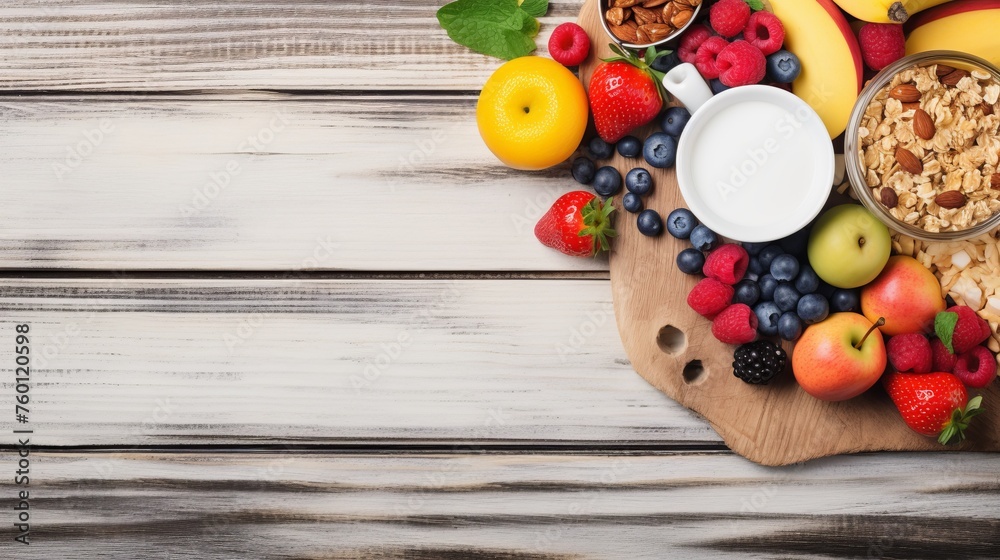 Assorted fresh fruits with yogurt and granola on rustic wooden background, perfect for healthy lifestyle concept Assorted fresh fruits with yogurt and granola on rustic wooden background, perfect for healthy lifestyle concept
