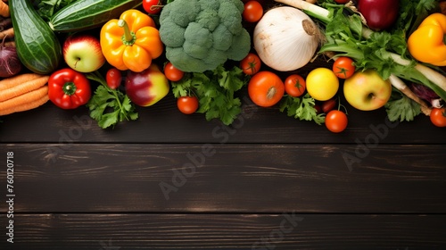 A colorful array of fresh vegetables displayed on a dark wooden table, suggesting health and abundance