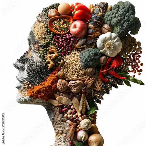 head of a real person who eats whole grains, legumes, vegetables and fruits and a few insects, all on a white background and so that there is nothing else in the background photo