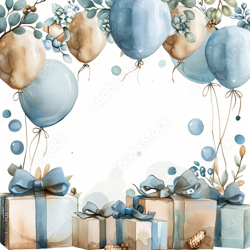 boho party border with gifts and balloons , in pastel watercolor pencil style, border soft blue and brown, isolated on a white background photo