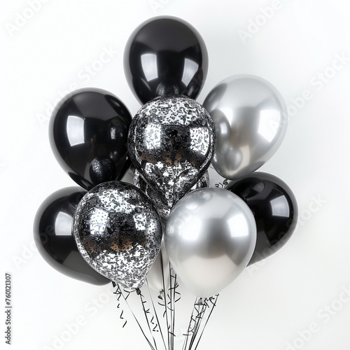 black and silver balloons with glitter on the balloons, white background