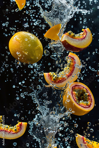 mango and passion fruit slices, in the air, with splashes of water, black background