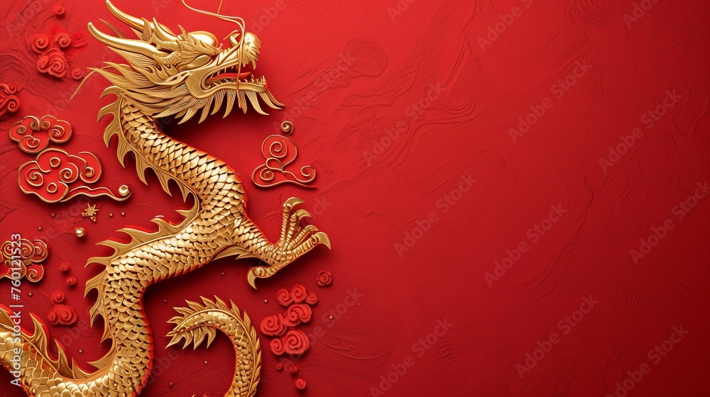 Intricate golden dragon sculpture set against a textured red background, symbolizing power and fortune Intricate golden dragon sculpture set against a textured red background, symbolizing power and fortune
