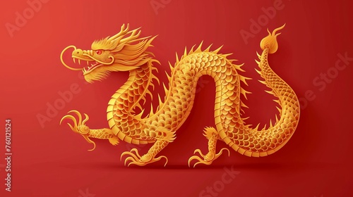 A 3D golden Chinese dragon twists with intricate scales on a single-toned red surface