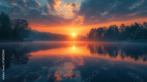 Serene Lake at Sunrise on Earth Day with Lush Forest