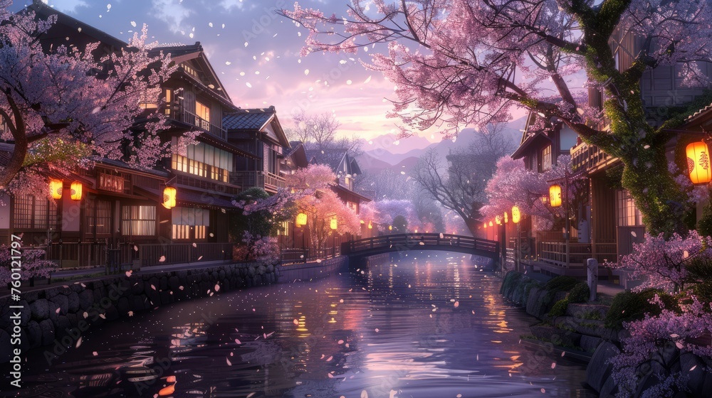 Dream like river in a small japanese village with cherry blossom trees in the evening