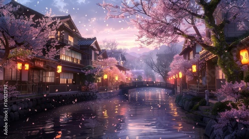 Dream like river in a small japanese village with cherry blossom trees in the evening