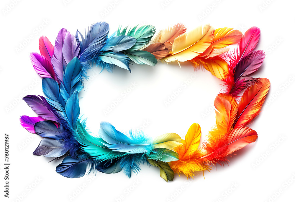 Colourful feathers isolated on white background. Creating a framed area to write in. Easter greeting card