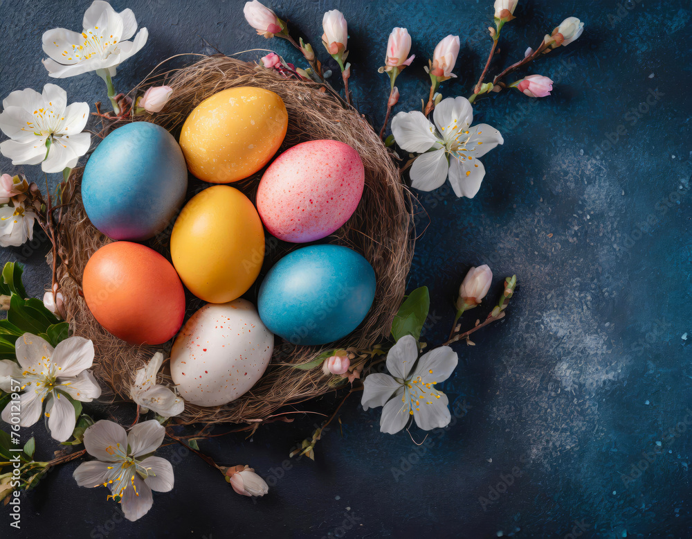 Top view of colorful Easter eggs with spring flowers on a dark blue background. Generated with AI Top view of colorful Easter eggs with spring flowers on a dark blue background. Generated with AI