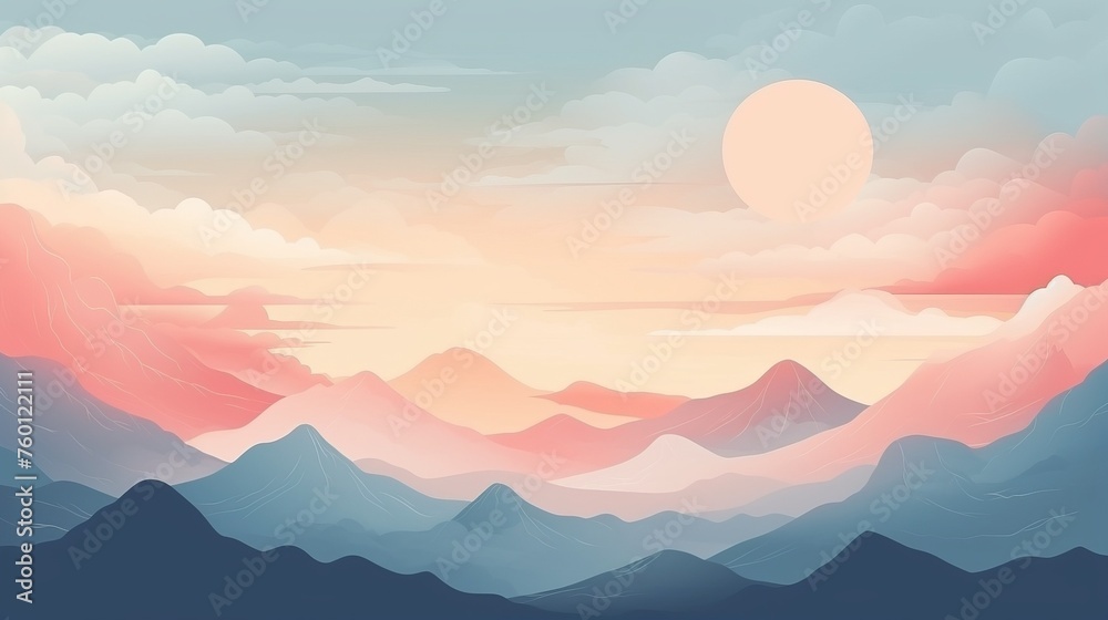 Digital artwork of layered mountain ranges during a colorful sunset with clouds
