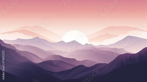 Stylized digital art of a purple-toned mountain range with a rising or setting sun