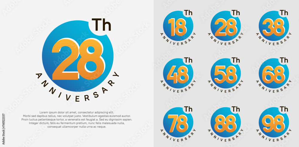 anniversary logotype vector set with blue color circle and orange number can be use for celebration moment