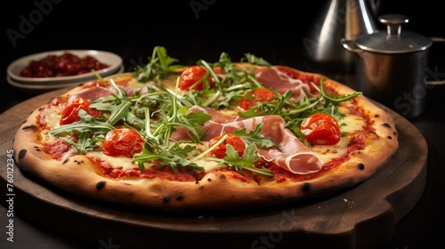 Close-up of delicious pizza with cherry tomatoes, mozzarella, prosciutto, and arugula on a dark background, perfect for food menus