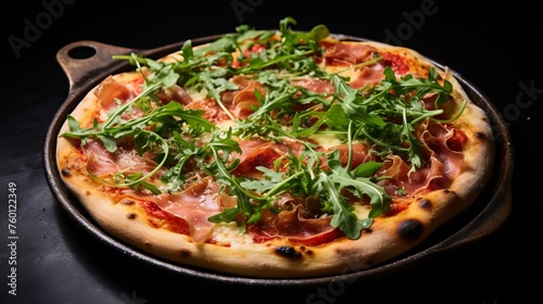 Freshly prepared prosciutto pizza with arugula topping on a rustic pan