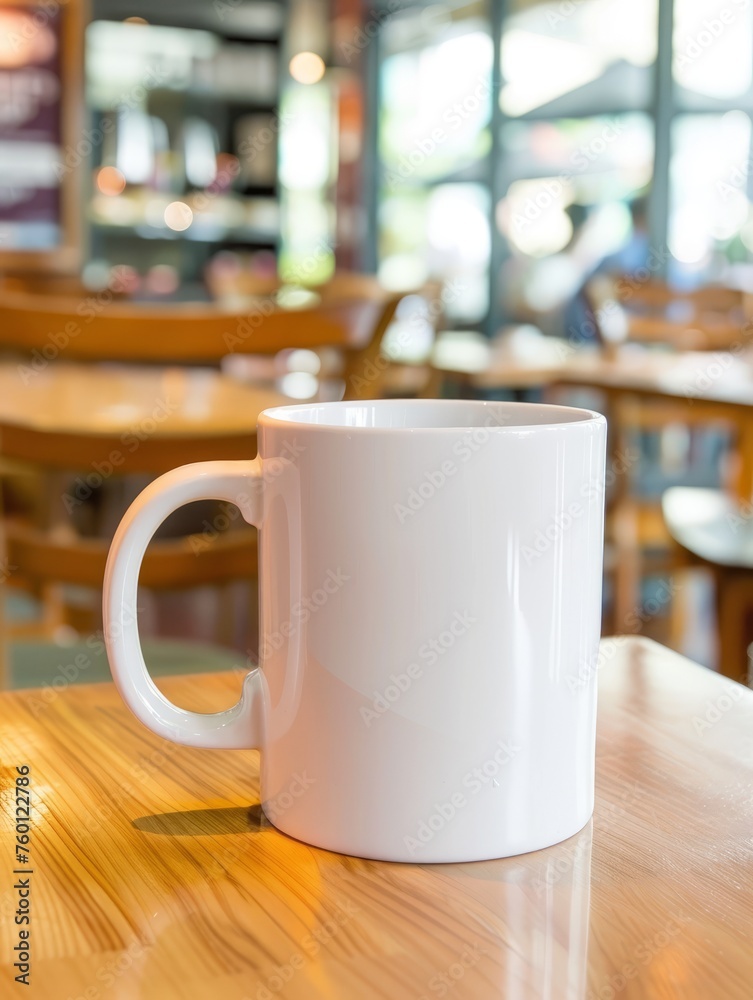 A blank white mug on table in a coffee shop 