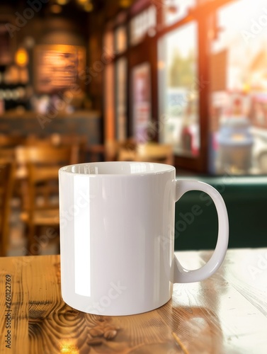 A blank white mug on table in a coffee shop 