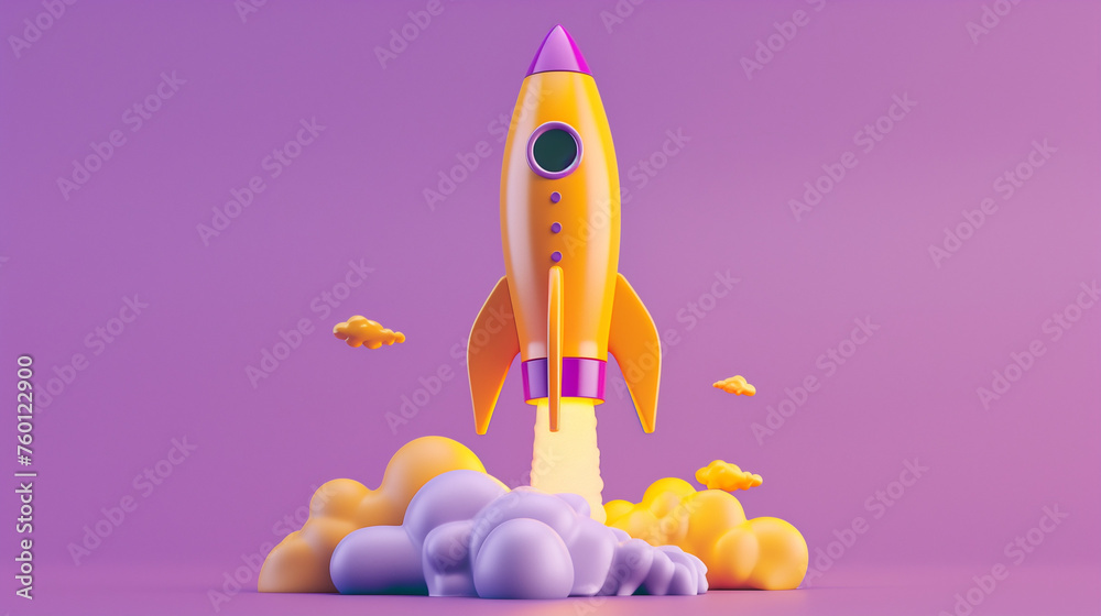 A yellow rocket taking off against a purple background in the isometric design style A yellow rocket taking off against a purple background in the isometric design style