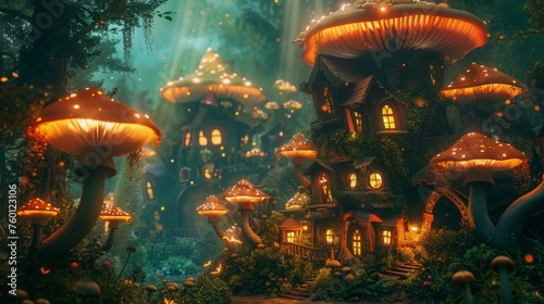 Fairy-tale forest with huge mushrooms and houses with glowing windows. Fantasy landscape. Concept of unreal world