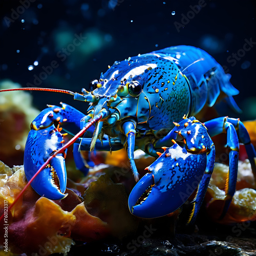 A detailed close-up photograph of a blue lobster resting on a Coral's, Close-up of rare blue lobster, AI Generated.