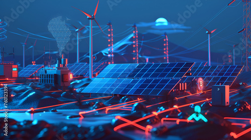 A futuristic energy facility at twilight, blue and red neon colors, solar panels, wind turbines, and high-voltage transmission towers, advanced data processing. Gen AI