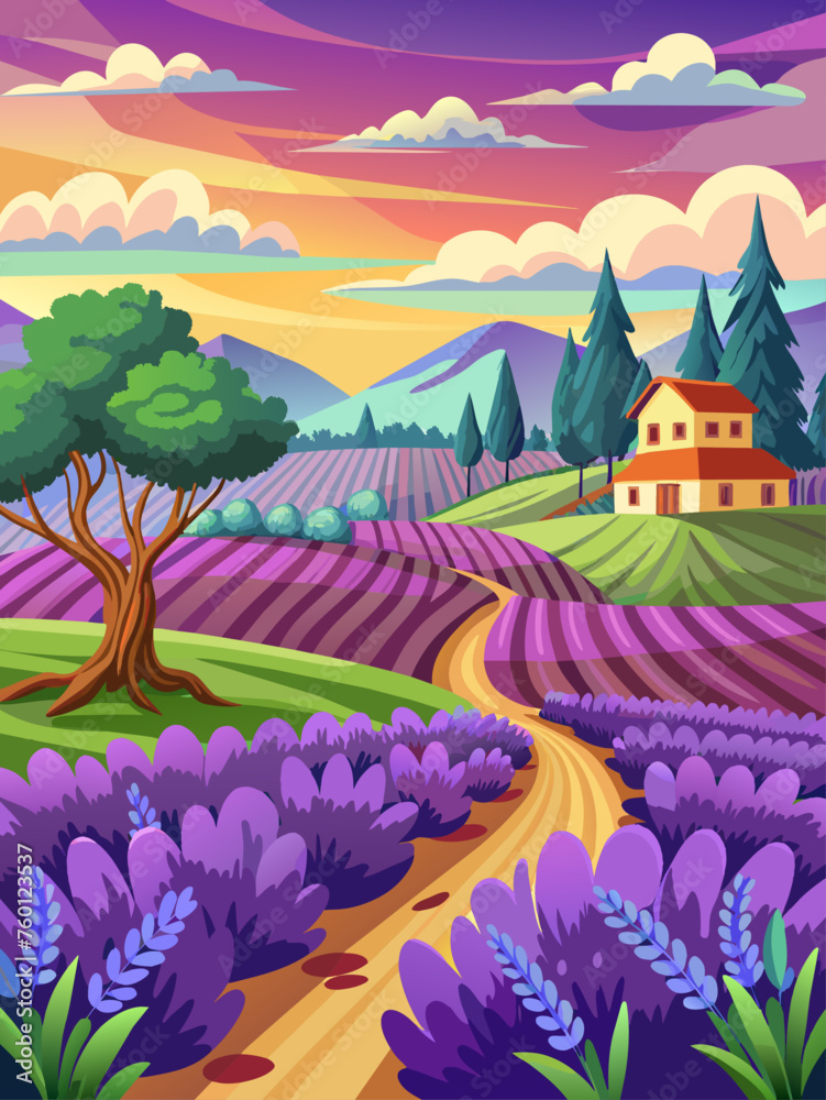 Lavender fields stretch to the horizon under a vast blue sky.