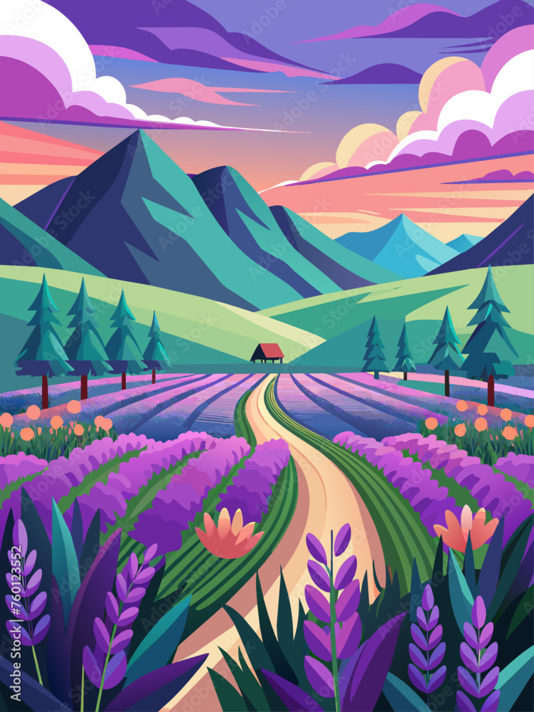 Lavender vector landscape background featuring a tranquil meadow with rolling hills and a clear blue sky.