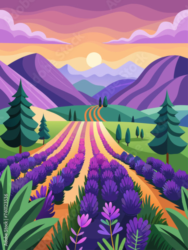 Lavender vector landscape background featuring a tranquil meadow with rolling hills and a clear blue sky.