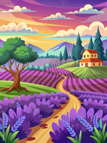 Lavender fields stretch to the horizon under a vast blue sky.