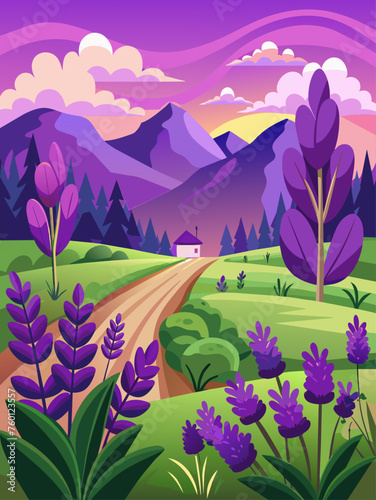 Tranquil lavender landscape with vibrant purple flowers and distant mountains under a clear blue sky.