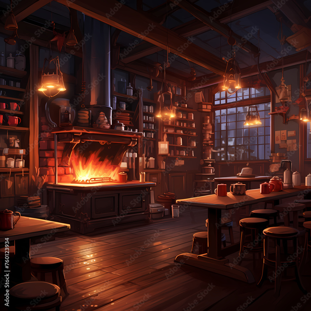 A cozy coffee shop with steaming cups and warm lighting