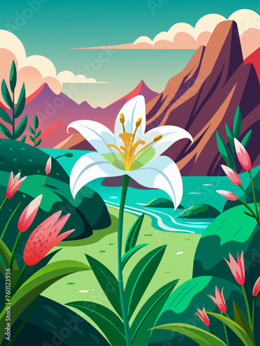 Lily flowers bloom beautifully in a serene natural landscape.