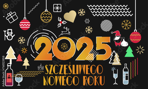 karta lub baner z życzeniami szczęśliwego nowego roku 2025 w złocie na czarnym tle z sercami płatków śniegu, choinkami, butelkami alkoholu, bombkami świątecznymi
