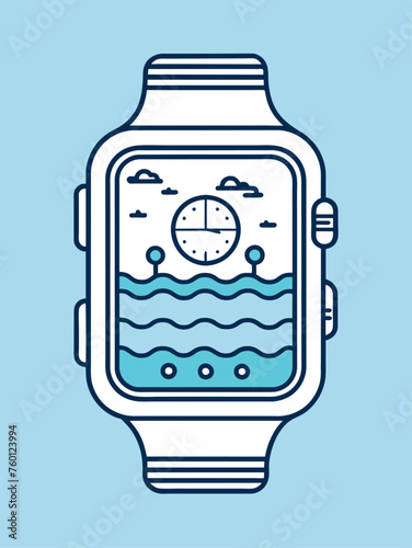 Line art illustrations of a smartwatch on a water background.