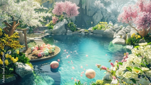 public swimming pool near a cave decorated with easter egg decoration and lush tree