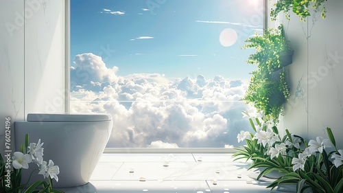 toilet on skyscaper with big window view of cloudy sky painting with ornamental plant illustration of water closet in heaven photo