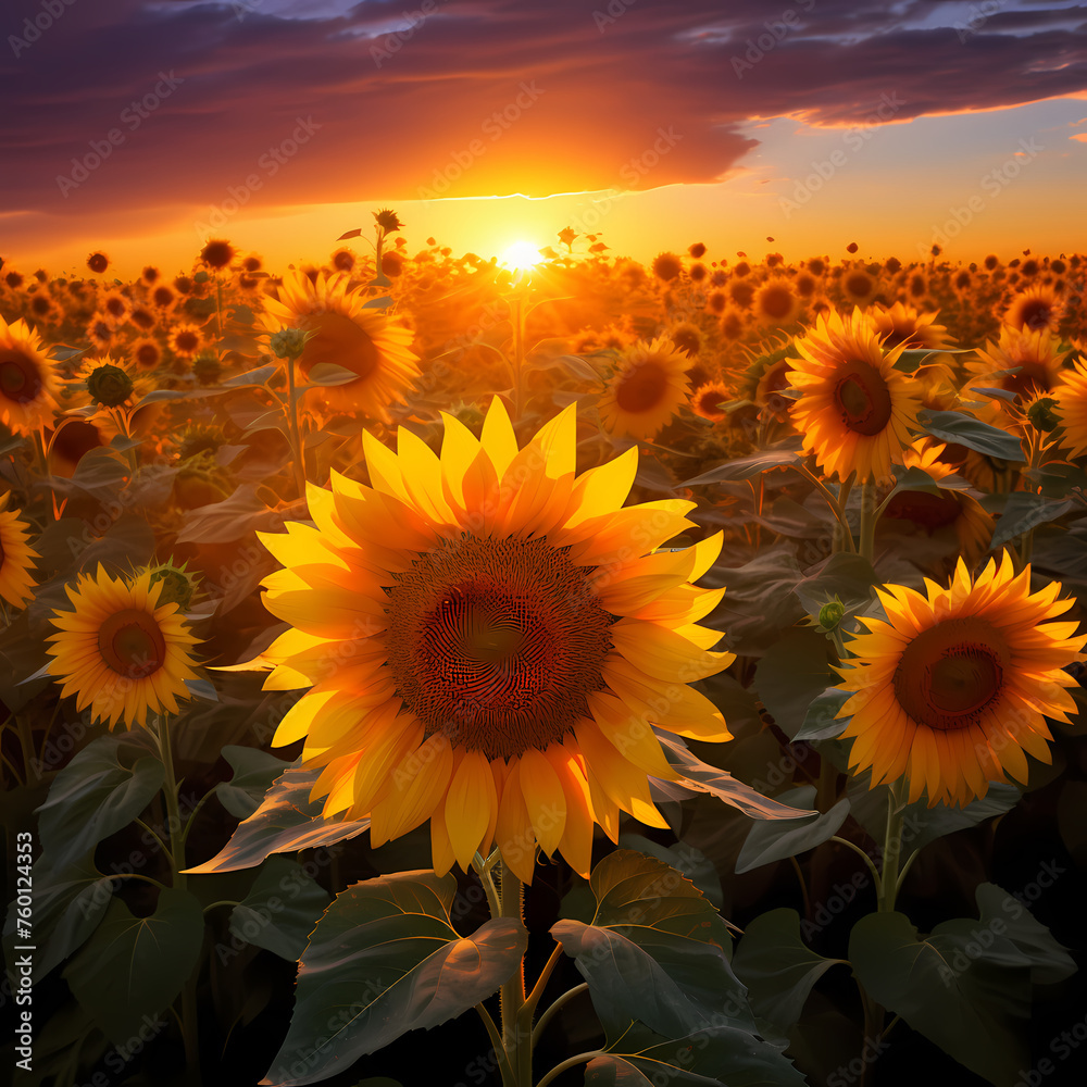A field of sunflowers bathed in golden sunlight.