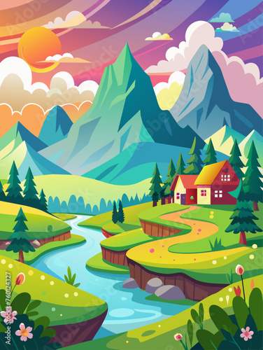 Serene vector illustration depicting a picturesque landscape with rolling hills, vibrant flora, and a tranquil sky. © Design Adelsa