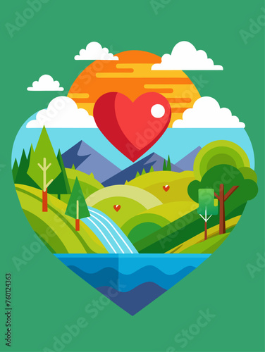 Love vector landscape background featuring a serene meadow with blooming flowers, rolling hills, and a picturesque sky.