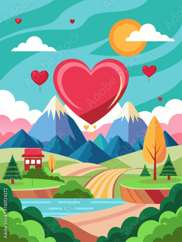 Love vector landscape background featuring a serene meadow with blooming flowers, rolling hills, and a picturesque sky.