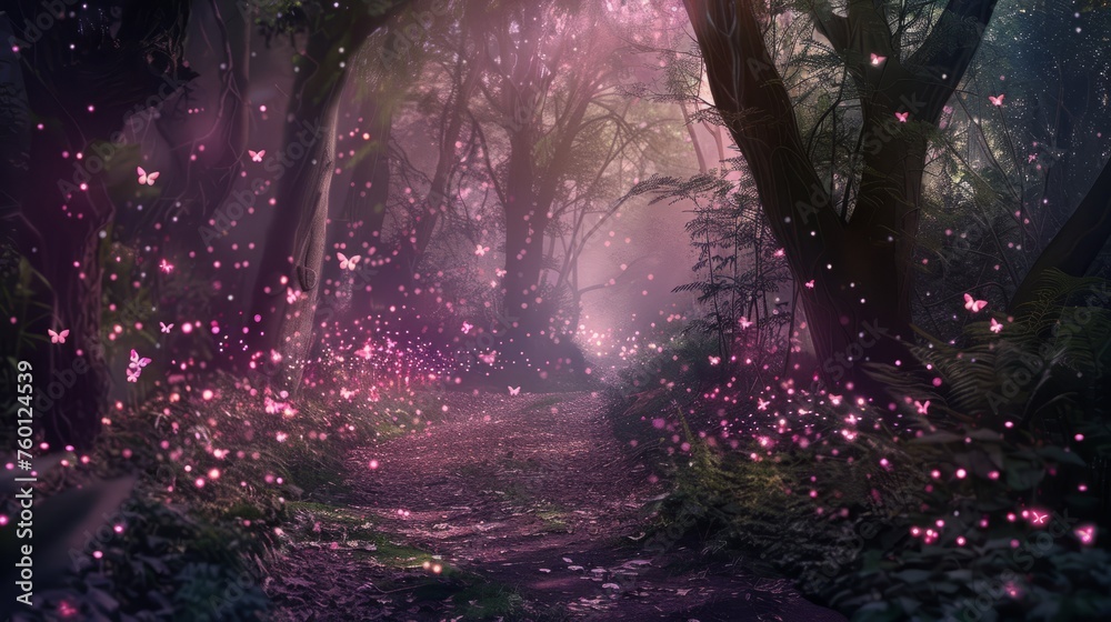 Fantasy illustration of magical fairy tale forest with pink fireflies