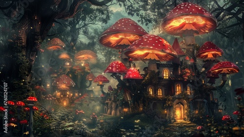 Fantasy red mushrooms in fairytale night forest