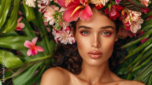 Fashion portrait of young beautiful woman with exotic flowers in hair © vannet