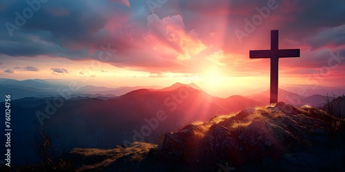 Dramatic lighting on mountains at sunset for Christian Easter concept imagery. Concept sunset lighting, mountain backdrop, Christian Easter, dramatic imagery