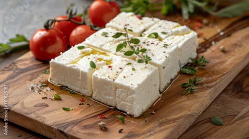 Feta cheese on a wooden board with tomatoes