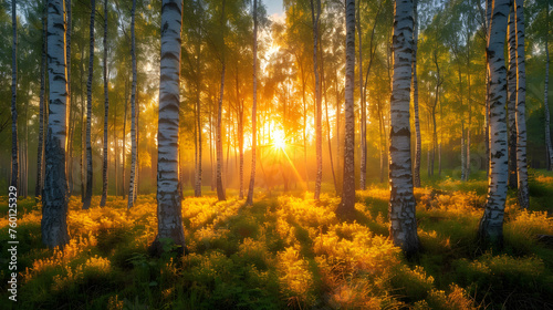 The landscape of the forest in golden shades of sunset, where the sun's rays penetrate the foliage of trees, creating a cozy atmosph