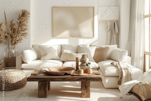 Cozy living room interior with knitted blanket on comfortable sofa © MUS_GRAPHIC