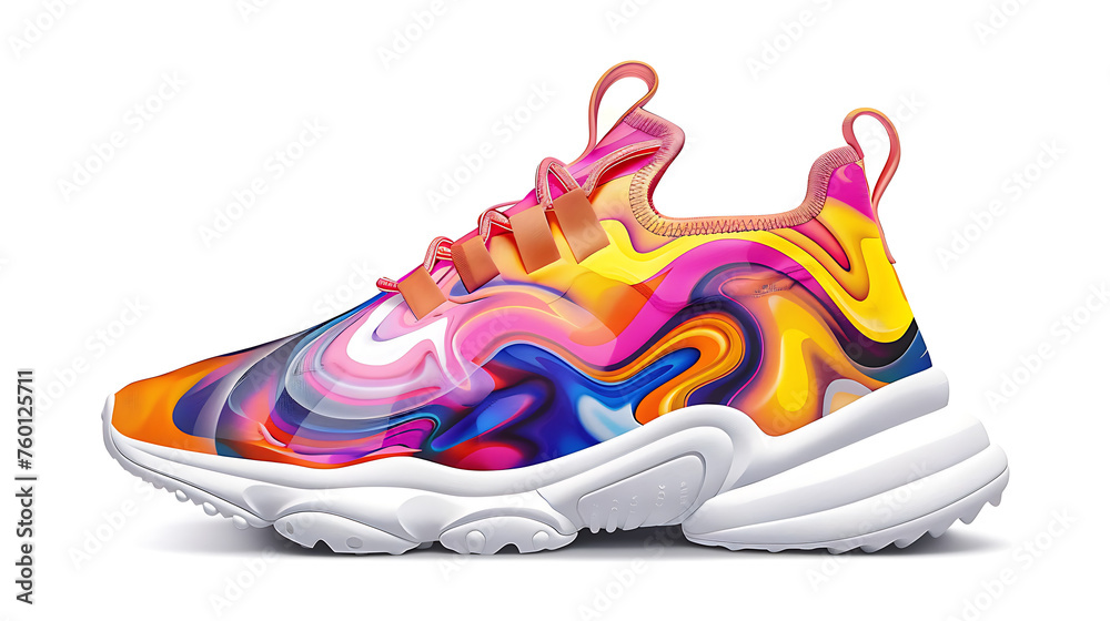 The sneaker has a modern design with thick soles. It is depicted against a white background. The sneaker has a modern design with thick soles. It is depicted against a white background.