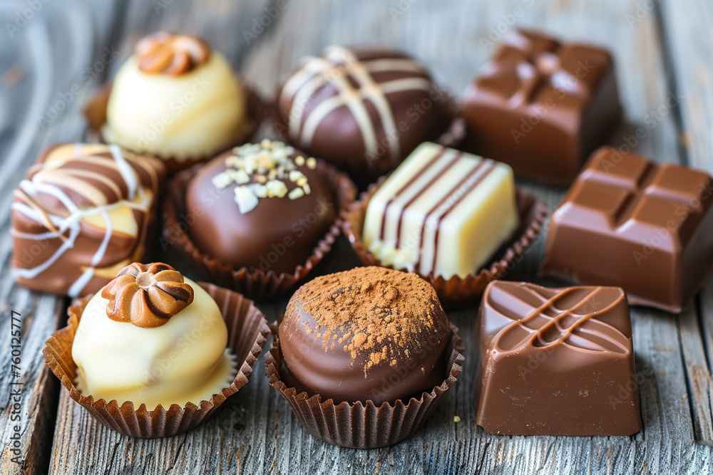 A variety of chocolate truffles are displayed on a wooden table A variety of chocolate truffles are displayed on a wooden table