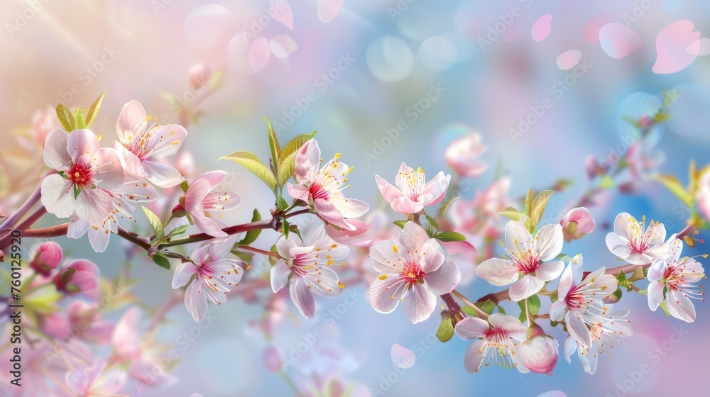 Realistic fruit tree branch with spring flowers. Beautiful flowering almond tree in spring day