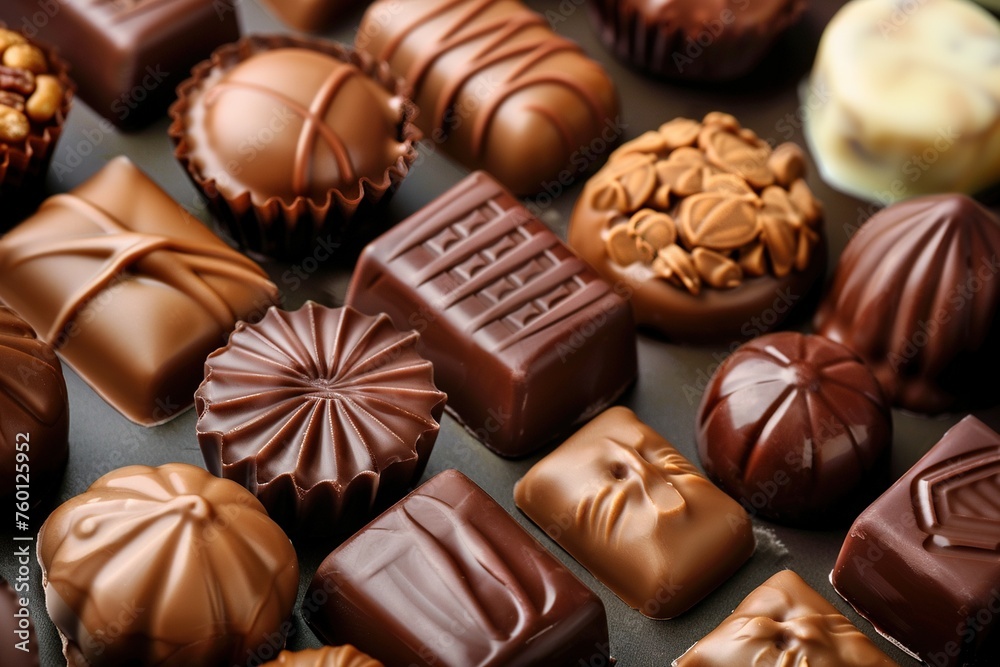 A variety of chocolate candies are displayed on a table A variety of chocolate candies are displayed on a table
